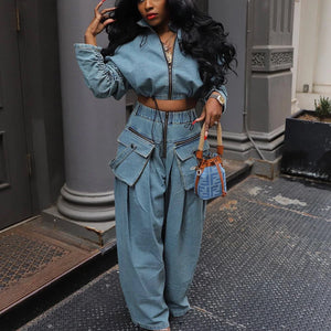 Denim Two Piece Set: Y2K Streetwear for Women - Jacket & Wide Leg Pants by Pretty Melanin Boutique #denim #streetwear #twopiece