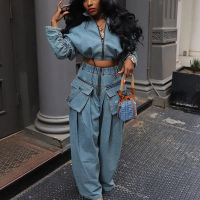 Denim Two Piece Set: Y2K Streetwear for Women - Jacket & Wide Leg Pants by Pretty Melanin Boutique #denim #streetwear #twopiece