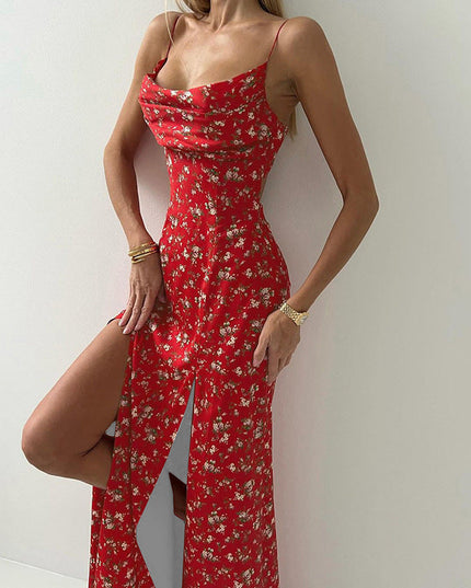 Women's Printed High Waist Slit Off-neck Dress