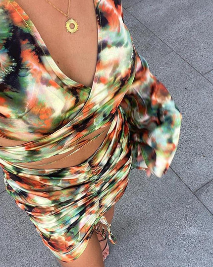 Women's Printed V-Neck Tie Long Sleeve Drawstring Hip Wrap Dress