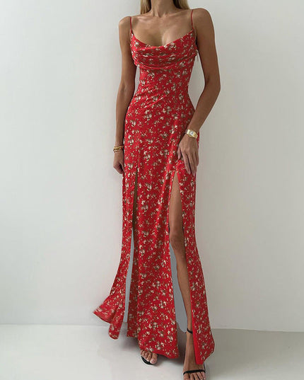 Women's Printed High Waist Slit Off-neck Dress