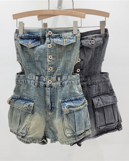 Hot Girl Breasted Hollow-out Midriff Tube Top Cowboy Siamese Shorts For Women