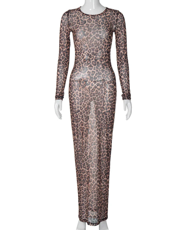 Leopard Print Mesh Maxi Dress: Long Sleeve See-Through Sexy Clubwear
