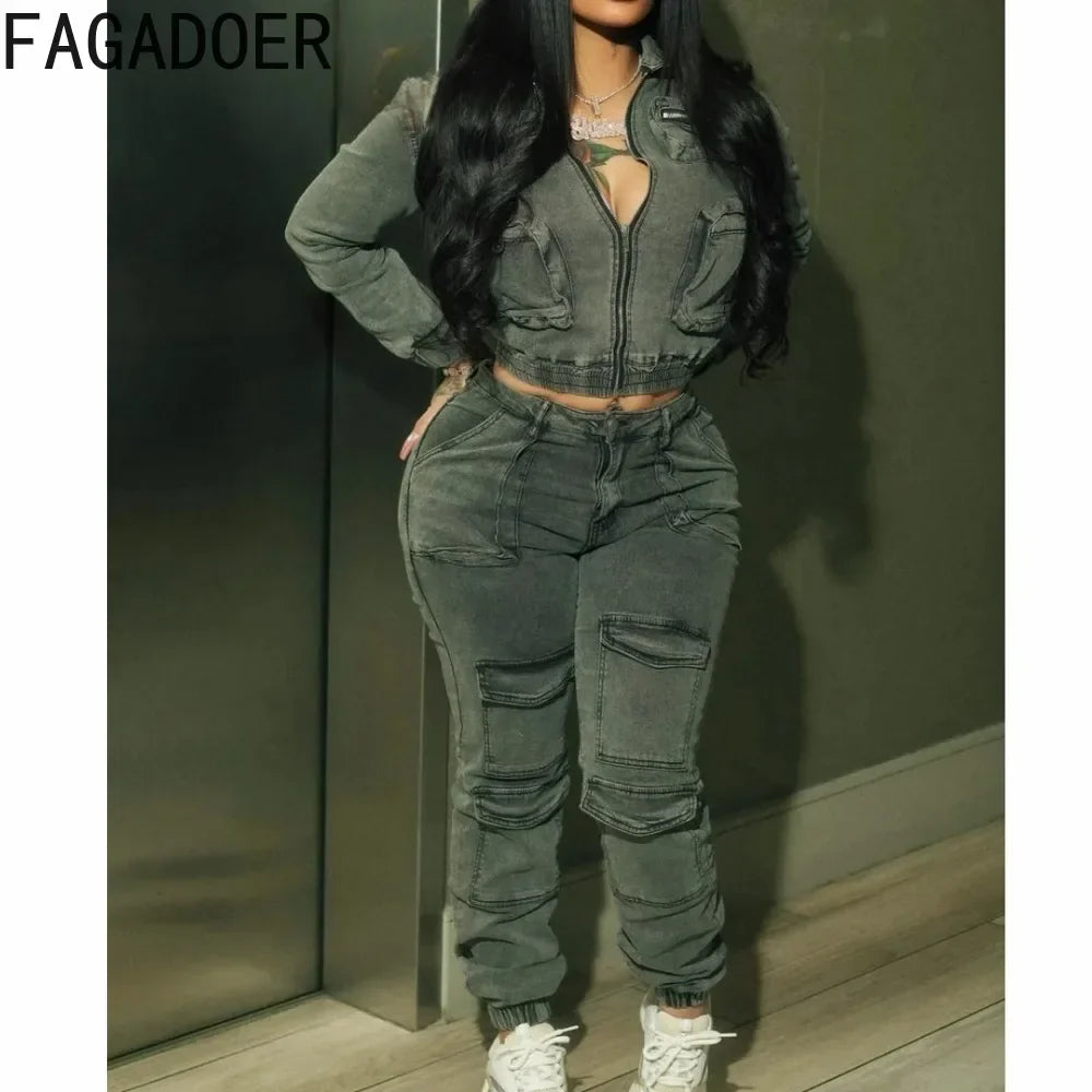 Denim Two-Piece Set: Crop Jacket & Cargo Jeans. Y2K Streetwear Fashion Outfit for Women.