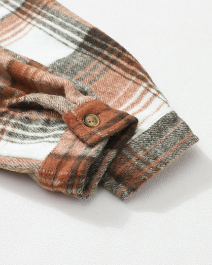 Gold Flame Grey Plaid Button Up Collared Flannel Shacket