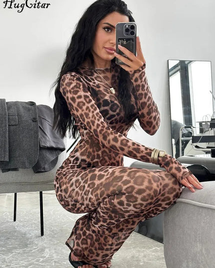 Woman in Leopard Print Mesh Maxi Dress Taking Selfie - Hugcitar Fashion