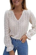 Beige Flower Lace V Neck Puff Sleeve Blouse For Women