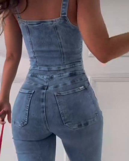 Sleeveless Paneled Zipper Denim Jumpsuit