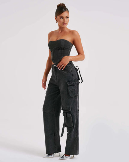 Tube Top And Pocket Stitching Jeans Pants