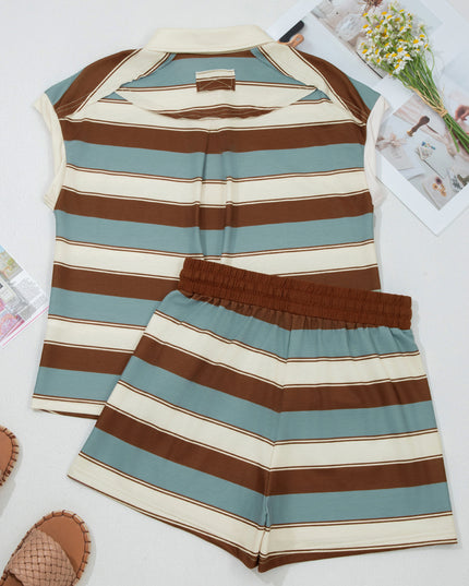 White Stripe Button Polo Collar Tee Drawstring Elastic Waist Patchwork 2pcs Short Set