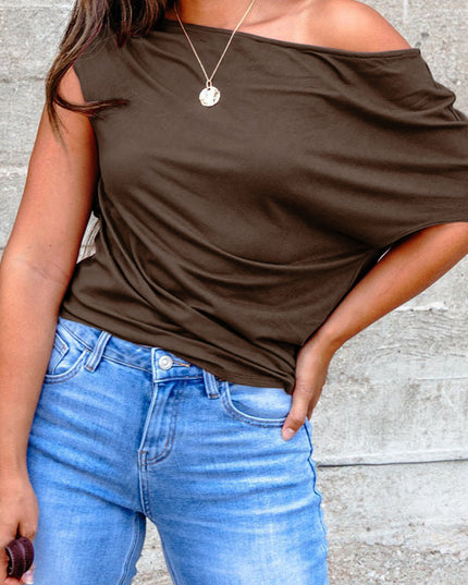 Coffee Plus Size Solid Color Asymmetric Neck Short Sleeve Blouse