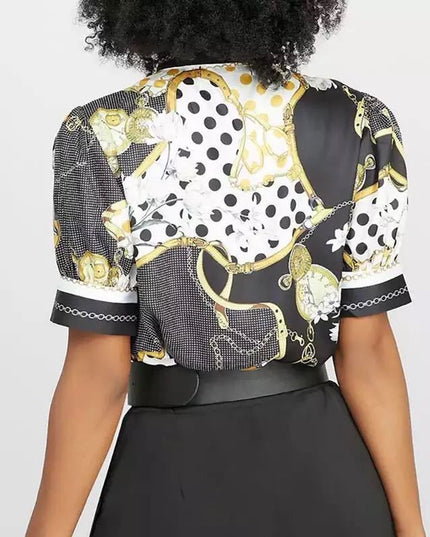 Printed chain shirt bow puff sleeve See size chart under “more details”
