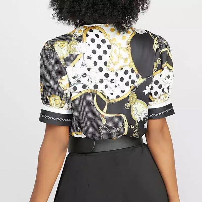 Printed chain shirt bow puff sleeve See size chart under “more details”
