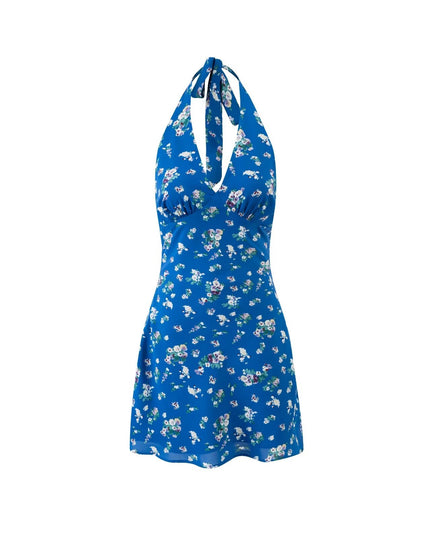 Spring Vacation Lace up Halter Women Waist Slimming Floral Dress