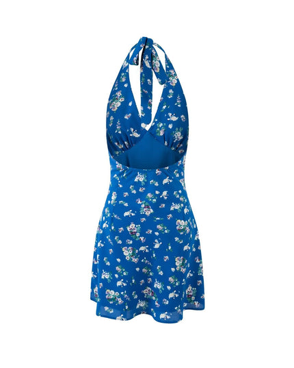 Spring Vacation Lace up Halter Women Waist Slimming Floral Dress