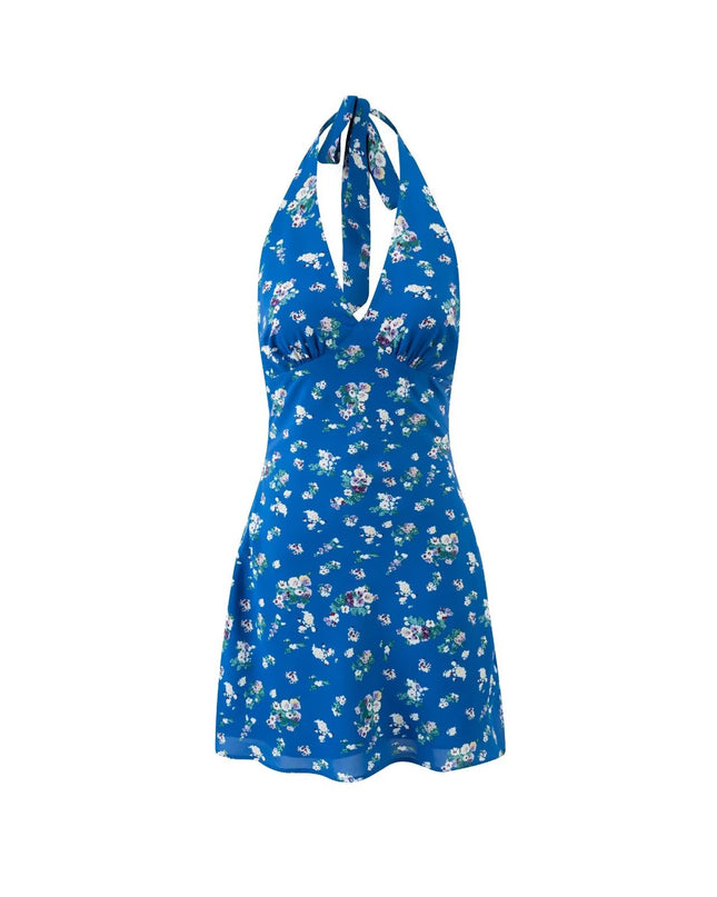 Spring Vacation Lace up Halter Women Waist Slimming Floral Dress