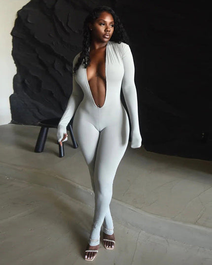 New Women's Fashion Sexy Backless Deep V Long Sleeve Solid Color Tight Jumpsuit