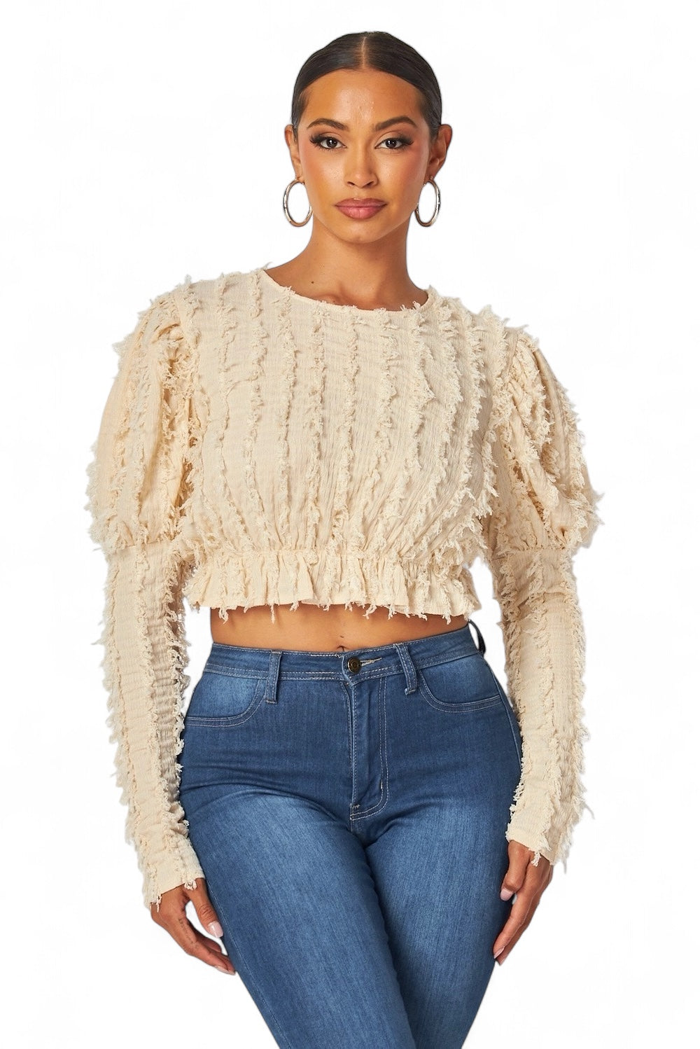 Alexandria Puff Long Sleeve Shaggy Peplum Crop Top