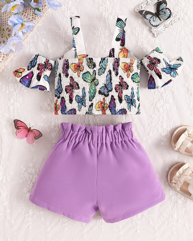 Girl's butterfly print crop top and ruffle shorts set, adorable summer outfit with bowknot detail.