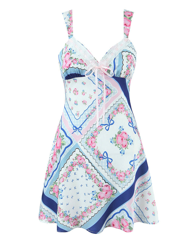 French Romantic Printed Satin Mini Strap Dress Women Bow A line Dress