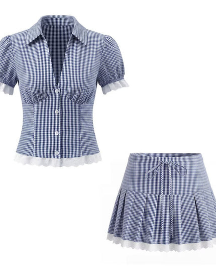 Women Elegant Blue White Fine Plaid Shirt Top Skirt Set