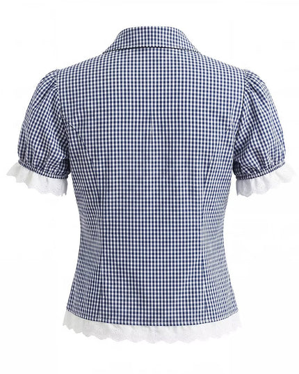 Women Elegant Blue White Fine Plaid Shirt Top Skirt Set