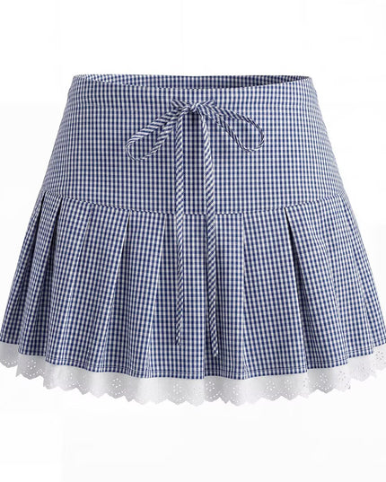 Women Elegant Blue White Fine Plaid Shirt Top Skirt Set