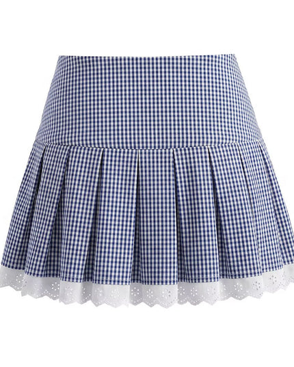 Women Elegant Blue White Fine Plaid Shirt Top Skirt Set