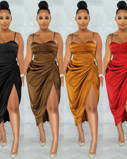 Fashion Solid Color Women's Sling Wrap Chest Ruched Slit Dress
