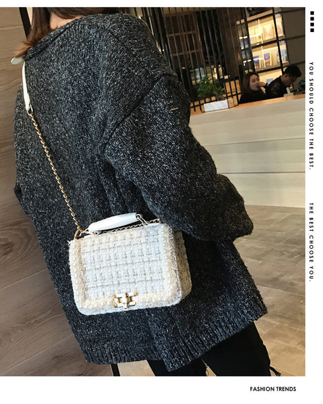 Fashion Woolen Personality Handbag Girl Plaid Messenger Bag