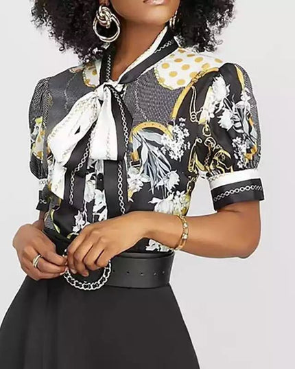 Printed chain shirt bow puff sleeve See size chart under “more details”