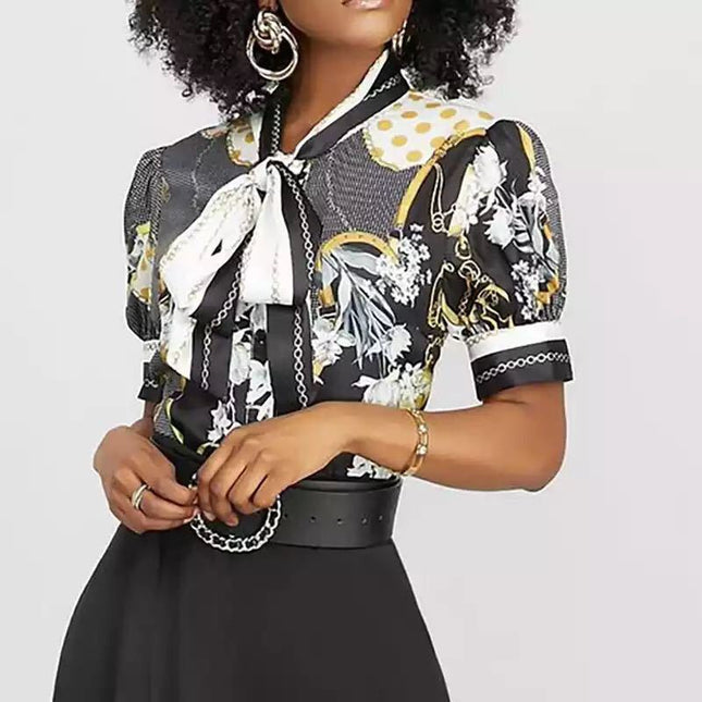 Printed chain shirt bow puff sleeve See size chart under “more details”
