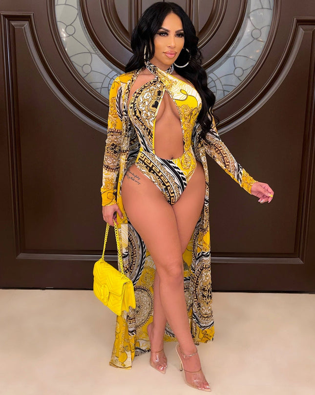 Long Sleeve cover up one piece Swimsuit set