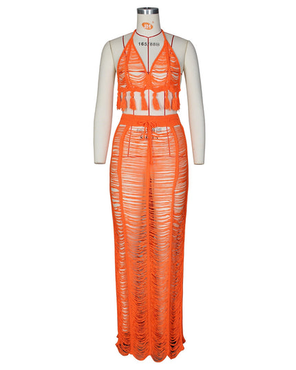 See-through Tassel Knitted Beach Skirt Suit