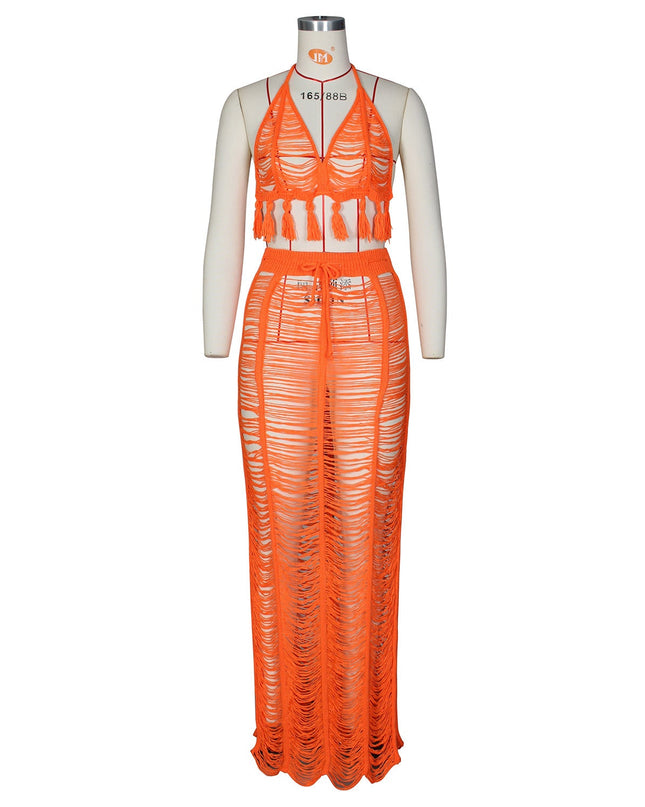 See-through Tassel Knitted Beach Skirt Suit