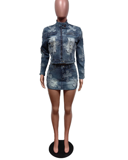 Denim Embroidered Short Skirt Jacket Suits Suit See size chart under “more details”