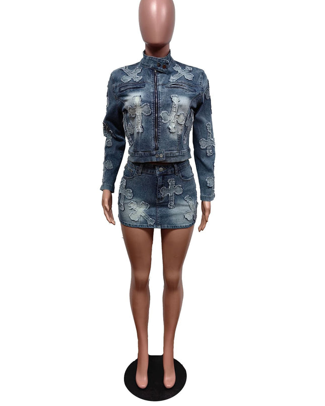 Denim Embroidered Short Skirt Jacket Suits Suit See size chart under “more details”