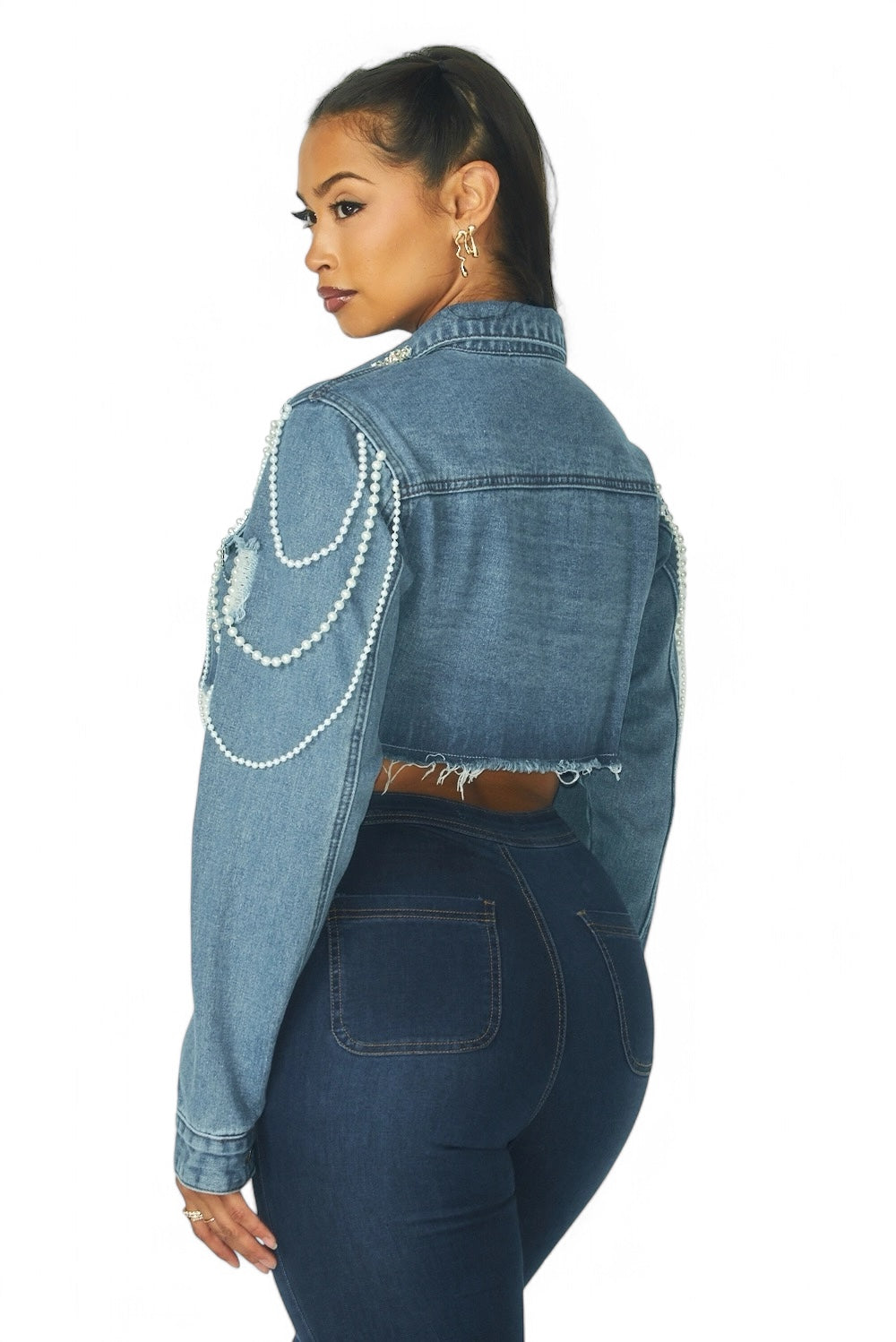 Artemila Pearl & Rhinestone Denim Crop Jacket