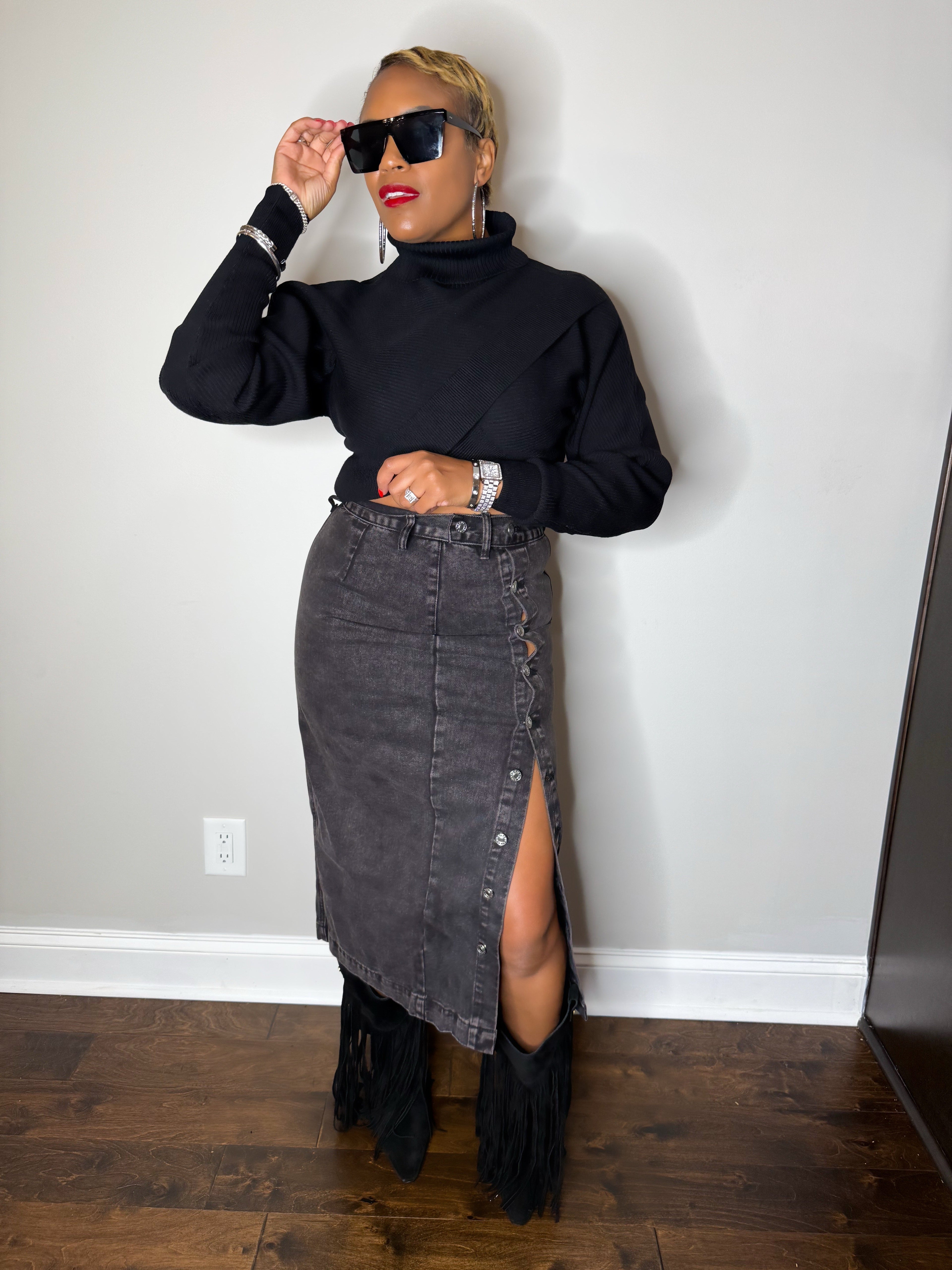 Black Side Button Denim Midi Skirt