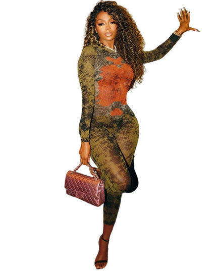 Women's Printed Sexy Mesh High Waist Slim-fit Zipper Long-sleeved Jumpsuit