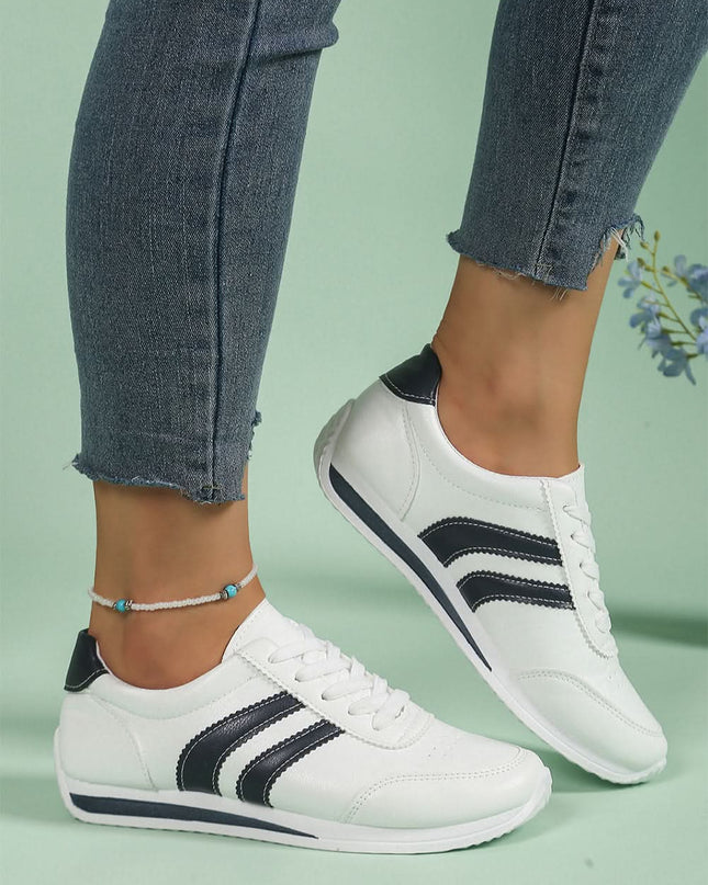 White PU Leather Striped Lace Up Casual Sneakers Everyday