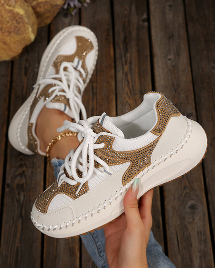 White Rhinestone PU Leather Platform Casual Sneakers
