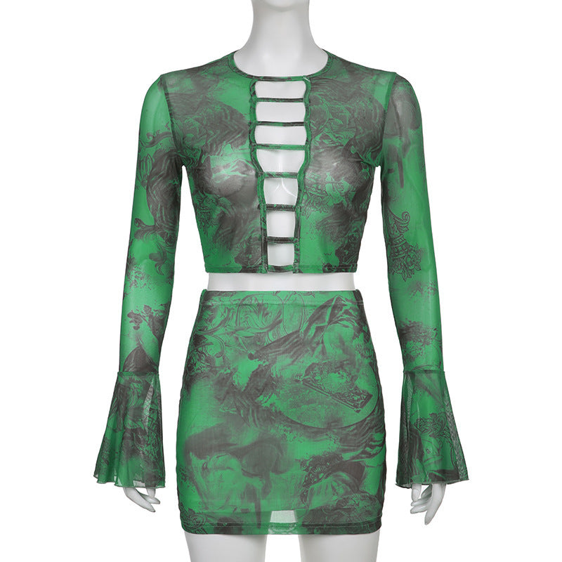 Bell Sleeve Cut out Top Mini Skirt set