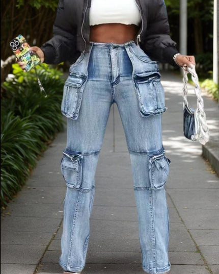 New Women's Casual And Versatile Multi-pocket Work Pants, Mid-waisted Washed Straight-cut Jeans See size chart under “more details”