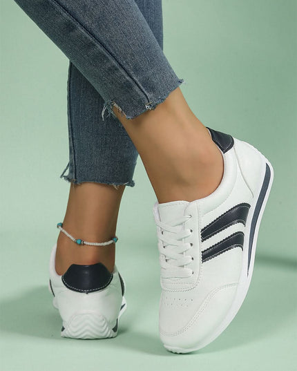 White PU Leather Striped Lace Up Casual Sneakers Everyday