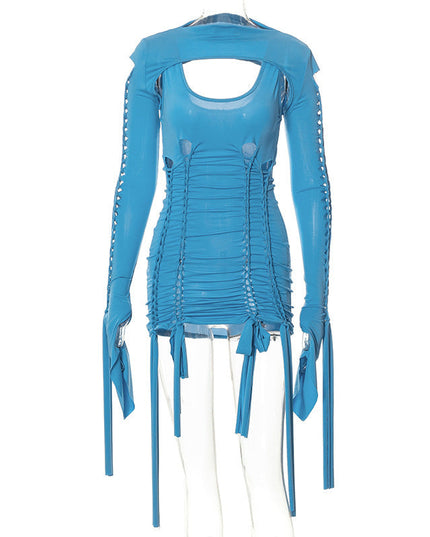 Long-sleeved Woven Cut Out Tie Wrap Hip Dress