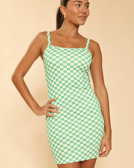Checkered rib knit tank top dress