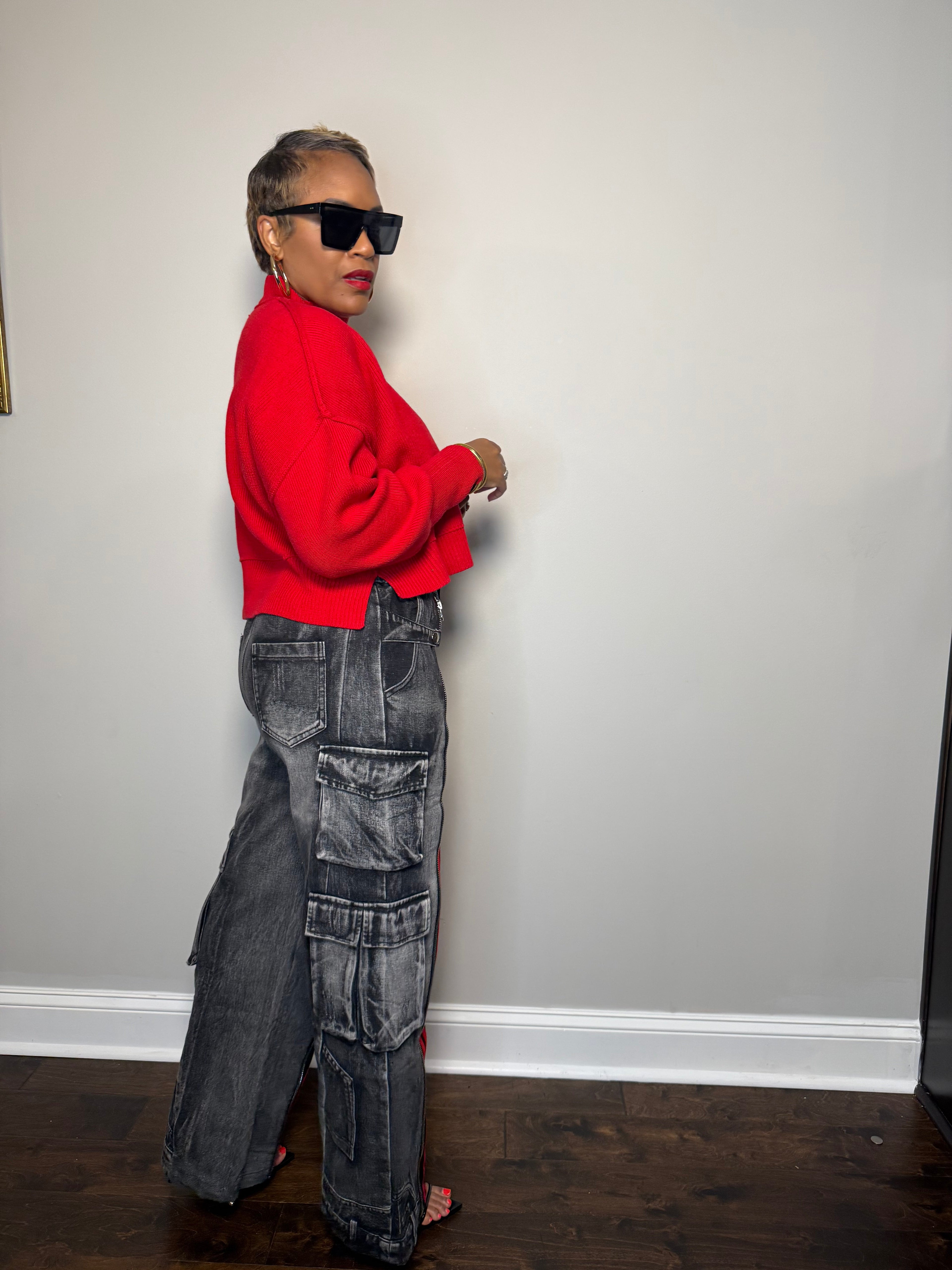 Black & Red Retro Front-Zip Baggy Denim Jeans