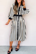 Black Stripe 3/4 Puff Sleeve Shirt Style Button Down Midi Dress