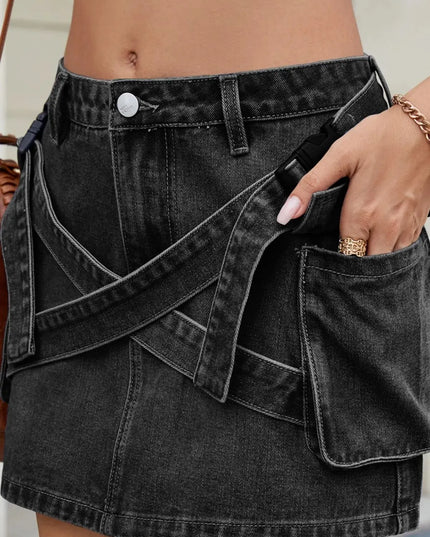 Criss-Cross Waist Pocketed Denim Mini Skirt